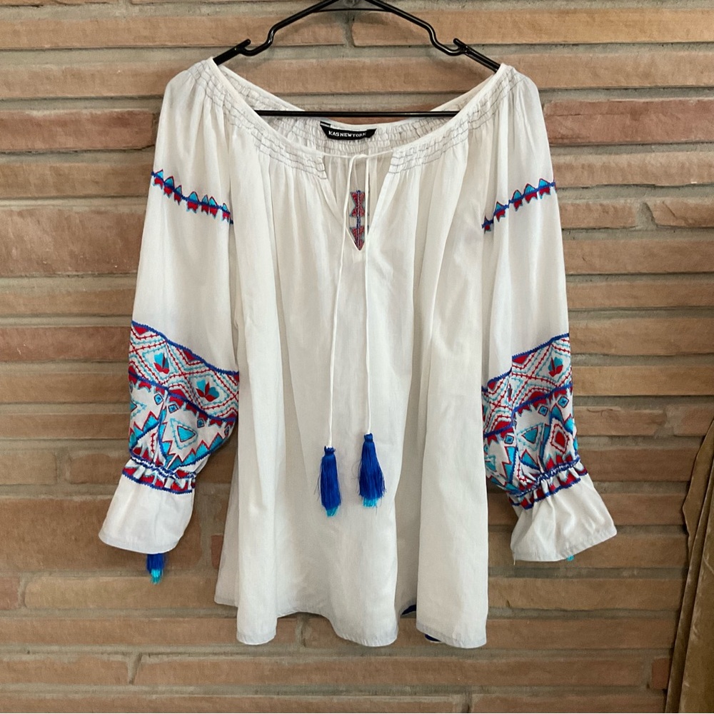 Kas New York Embroidered Cotton Boho Peasant Blouse Large